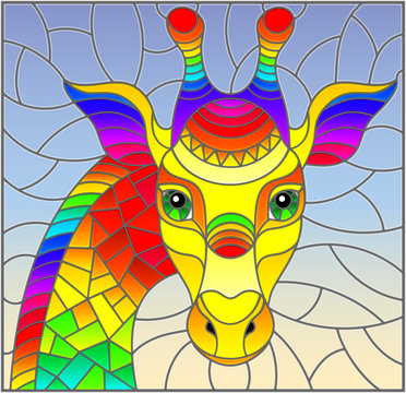Illustration in the style of stained glass with abstract rainbow giraffe head on a blue background rectangular image
