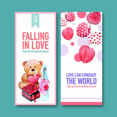 Love flyer design with doll, rose, heart watercolor illustration