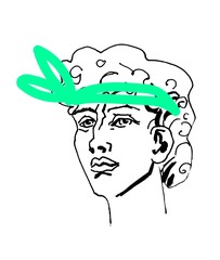 Vector marble head of David. Work of art of the era of excitement. Illustration of the Beautiful young man on a white isolated background hand drawn line style. Design for web, cards, colors, prints.