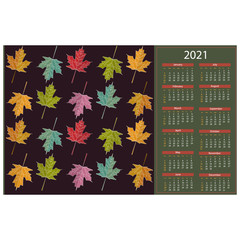 Texture calendar for 2021 on the theme nature, autumn, summer, colorful leaves, vector illustration
