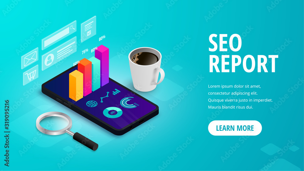 Wall mural seo report isometric web banner concept with 3d graph data on phone screen on abstract background. m