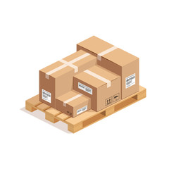 Isometric wooden pallet with pile of cardboard boxes isolated on whte background. 3D warehouse packaging, storage and transportation concept. Vector illustration