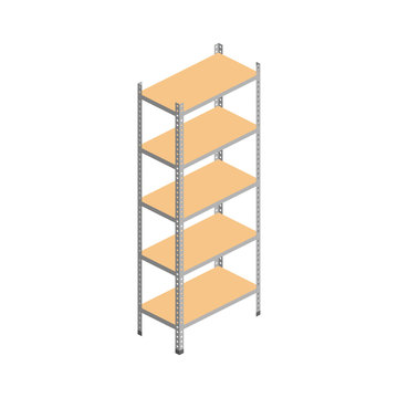 Isometric empty warehouse wooden shelves isolated on white. 3d Storage rack. Vector illustration. Logistic and delivery service element for web, design, infographics, apps