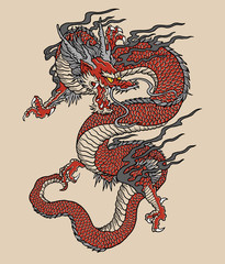 Japanese Red Dragon Tattoo Illustration. Full color vector art.