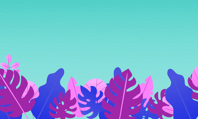 Fototapeta na wymiar Tropical leaves of rainforest. Border on blue gradient background with copy space. Jungle summer vector flat illustrations