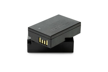 Stack of lithium-ion battery for camera isolated on white background with clipping path.