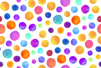 Watercolor circles seamless background pattern. Colorful dots  hand painted. Textile pattern, fabric swatch, wrapping paper.