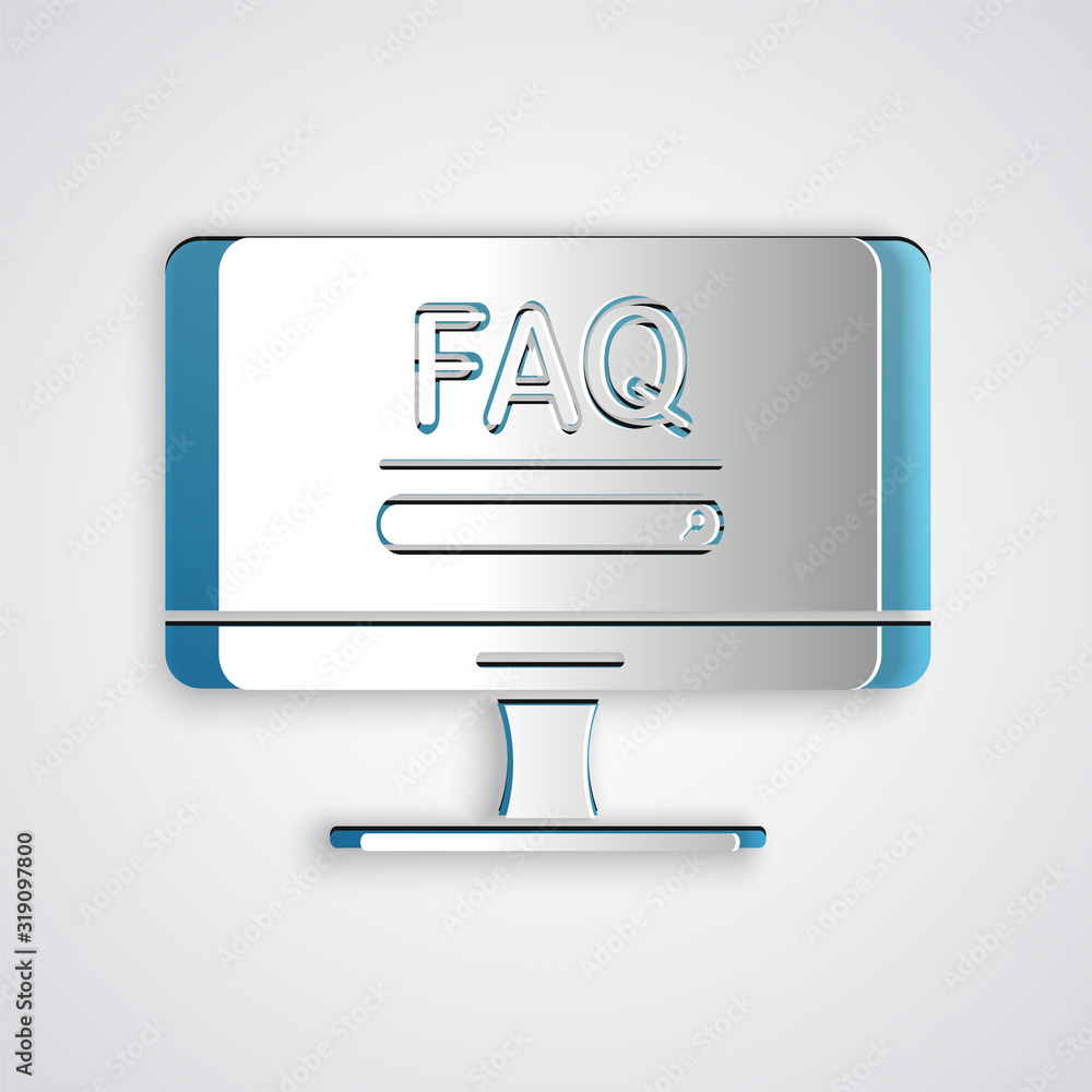 Poster paper cut computer monitor with text faq information icon isolated on grey background. frequently as