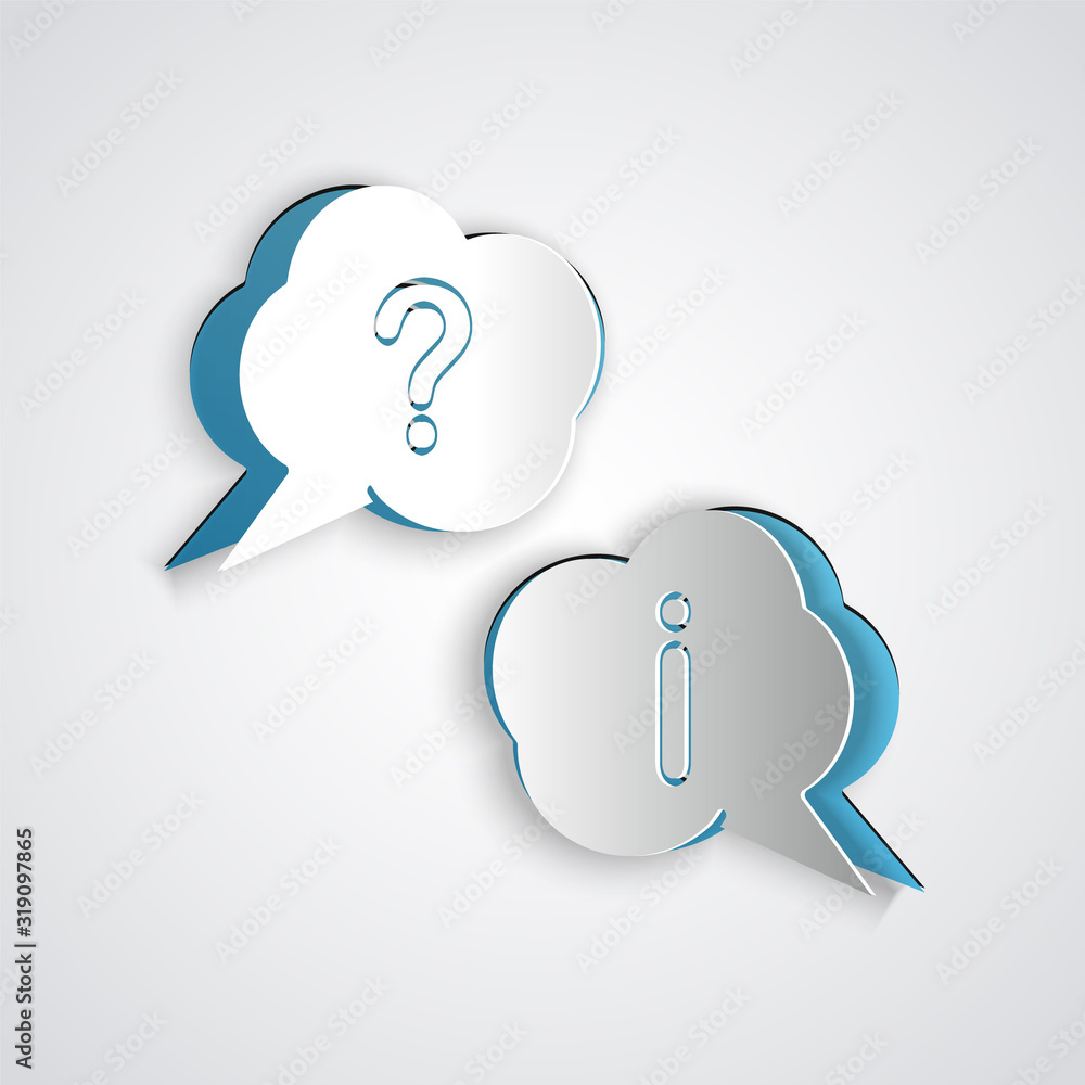 Poster paper cut speech bubbles with question and exclamation icon isolated on grey background. faq sign. c