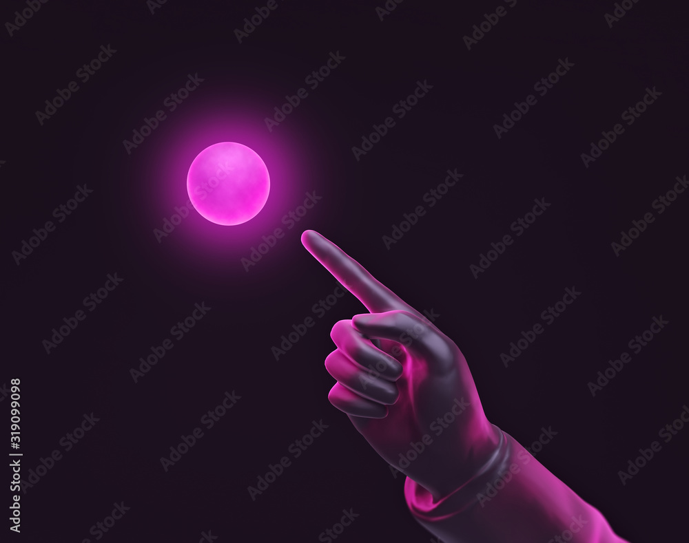 Poster abstract science and future concept, hand pointing at a glowing pink sphere isolated on dark backgro