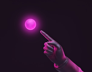 Abstract science and future concept, hand pointing at a glowing pink sphere isolated on dark background. 3d rendering