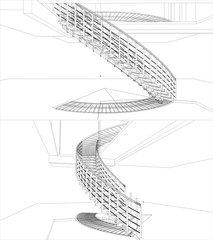 Spiral Staircase Construction Structure Of Lines Vector. Spiral Stairway Isolated Illustration On White Background. 