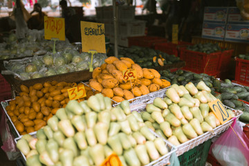 Exotic different fruits in Thailand in the city of Bangkok. Fruit market or fair. Dragonfruit,...