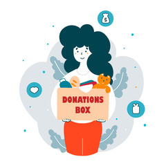 Volunteers team collect donations flat vector illustration