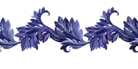 Watercolor seamless border with a stylized acanthus plant. Leaves, twigs and flowers - obrazy, fototapety, plakaty