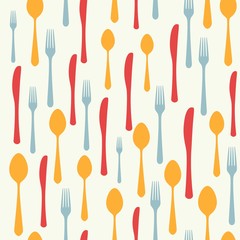 Cutlery icon seamless pattern. Fork, knife, spoon silhouettes and contours in different sizes and colors. texture for menu. Vector illustration in flat style.