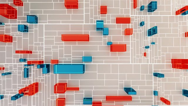 Fragmented grid featured glass cubes. Seamless looping 3D rendered scene