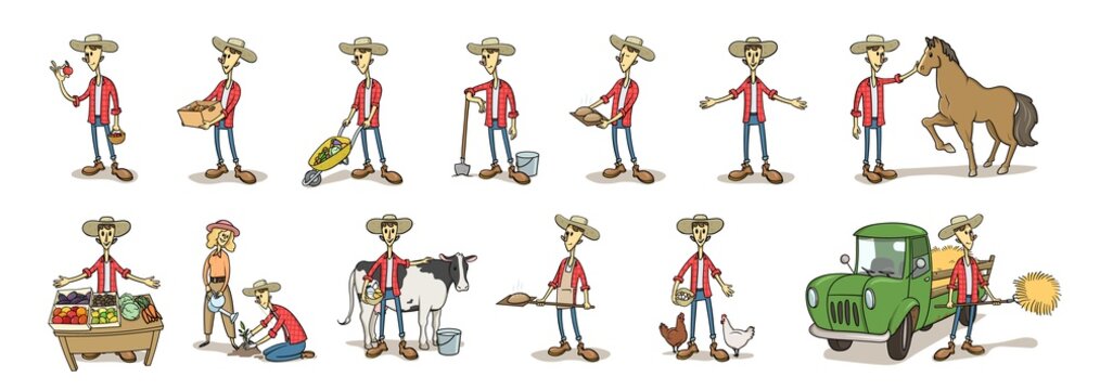Young farmer in the hat, funny cartoon character set in various poses. Flat vector illustration, isolated on white background.