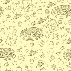 Pizza seamless pattern. Useful for restaurant identity, packaging, menu design and interior decorating