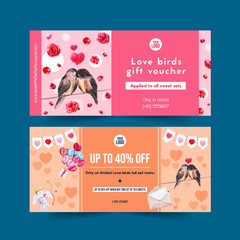 Love voucher design with roses, cupid, bird watercolor illustration.