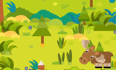 Obraz premium cartoon forest scene with wild animal moose elk illustration