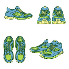 Vector Set of Cartoon Blue and Green Color Running Shoes.