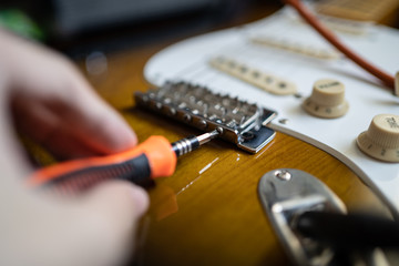 Adjusting the intonation of electric guitar by screwing a screw at a guitar bridge  - obrazy, fototapety, plakaty