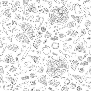 Pizza seamless pattern. Useful for restaurant identity, packaging, menu design and interior decorating