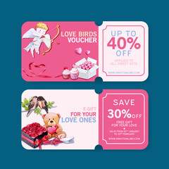 Love voucher design with cupid, teddy bear watercolor illustration.