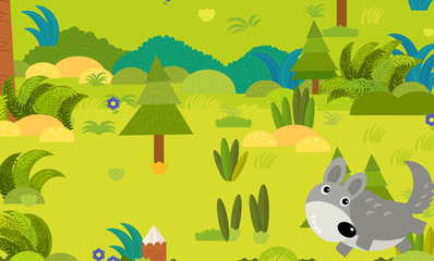 Obraz premium cartoon forest scene with wild animal wolf illustration