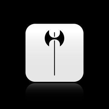 recommend clip art: Black Medieval axe icon isolated on black background. Battle axe, executioner axe. Medieval weapon. Silver square button. Vector Illustration