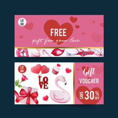 Love voucher design with swan, cupcake watercolor illustration.