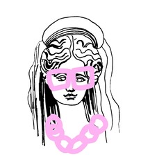 Demeter vector marble head. Work of art of ancient Greece era. An illustration of the goddess of fertility on a white isolated background hand drawn the style of the line. Design for web, printing.