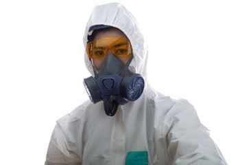 Woman in chemical protective clothing and antigas mask with glasses at white background, Women...