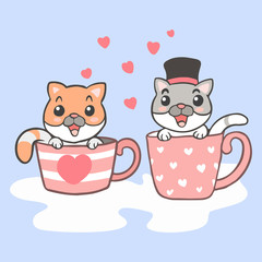 Cartoon two of cute cat sitting in the cup