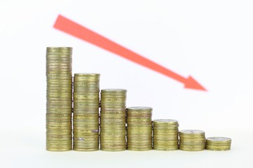 The chart is made up of coins symbolizing the fall in profits, salaries, social benefits. Red arrow down. Camera focus on coins.