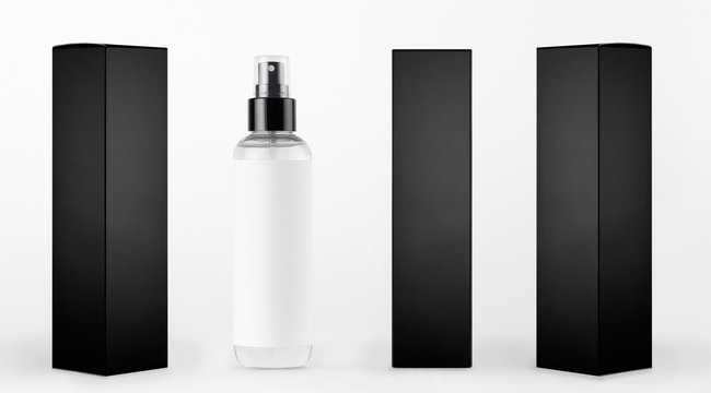 Mock up for design of packing cosmetics product - tall transparent spray bottle, white label and black paper boxes of different sides on white background.
