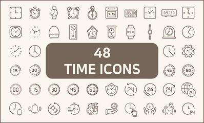 Set of 48 time and clock Icons line style.  Contains such Icons as stopwatch, alarm, clock, sand glass, timer and more. customize color, stroke width control , easy resize. 