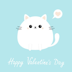 White cat kitten kitty icon. Happy Valentines Day. Funny head face. Cute kawaii cartoon round character. Pink heart. Baby greeting card template. Blue background. Flat design.