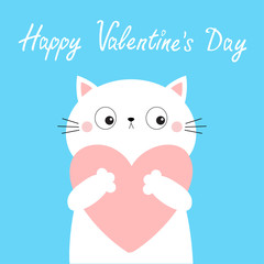 Happy Valentines Day. White cat kitten kitty head face holding big pink heart. Cute cartoon kawaii funny animal character. Flat design. Love card. Blue background. Isolated.