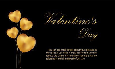 Valentine's banner black and golden  heart Balloons Valentine's day party poster. Realistic luxury golden hearts and glowing lights. Black color background. Vector illustration.