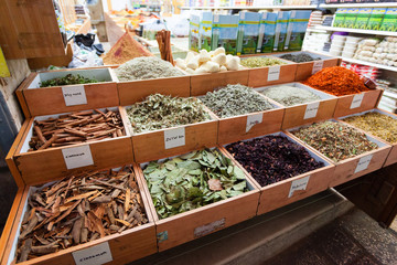 Spice shop in the old city at the bazaar in Jerusalem, Israel
