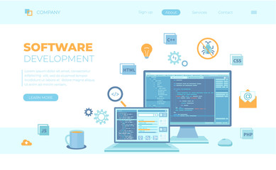 Software development, programming, engineering. Program code on laptop and monitor screen. Technology process. Can use for web banner, landing page, web template. Vector illustration