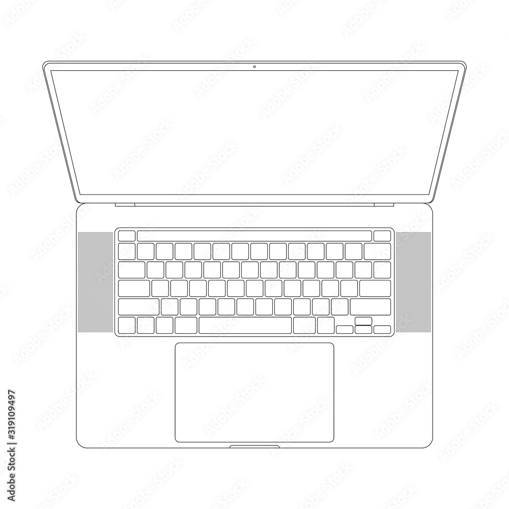 Poster laptop icon in outline style design with keyboard and touchpad top view isolated on white background