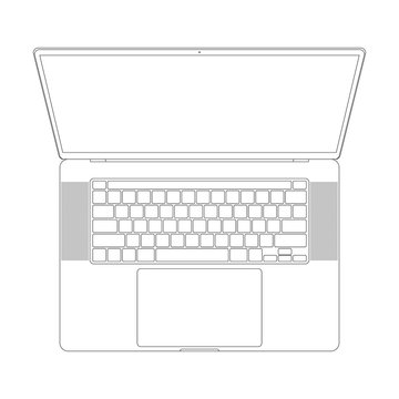 Laptop Icon In Outline Style Design With Keyboard And Touchpad Top View Isolated On White Background. Thin Line Notebook Mockup. Stock Vector Illustration