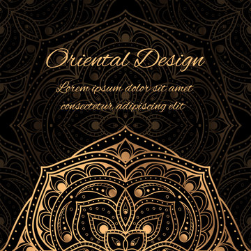 Luxury background vector card template. Gold mandala royal pattern. Indian design for Christmas party invitation, Ramadan holiday, New year greeting, beauty spa salon, wedding, save the date.