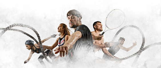 Sport collage. Tennis player, woman and man working out with battle ropes. Sports banner