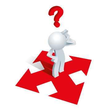 Cute little white Simplified man don't know where to go at the middle of a cross road