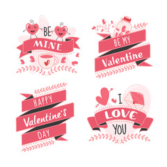 Happy Valentine's Day Message like as Be Mine, Be My Valentine, I Love You Font with Cartoon Heart Couple on White Background.