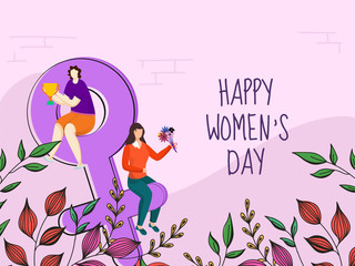 Cartoon Young Girls holding Flower Bunch with Trophy and Colorful Leaves Decorated on Pink Background for Happy Women's Day.